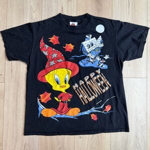 Vintage Looney Tunes Halloween T-Shirt 90s Single Stitch Large Black Graphic Tee
